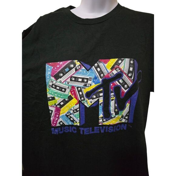 MTV Music Television Retro Cassette Print Black T-Shirt L Fan Favorite - Picture 1 of 7